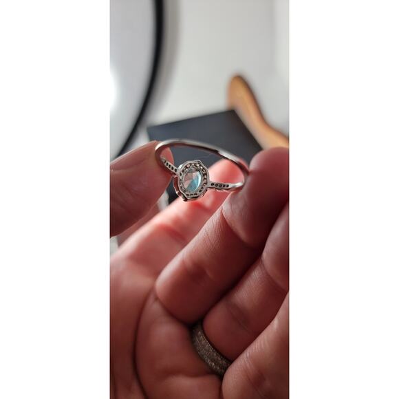 Stunning Rhodium-Plated Size 9 Ring with Aqua Blue Gemstone and Halo Accents - Picture 7 of 11